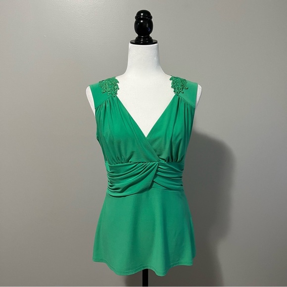 Frank Lyman Design Tops - Frank Lyman V-Neck Rouched Waist Sleeveless Embroidery Accent Green Top